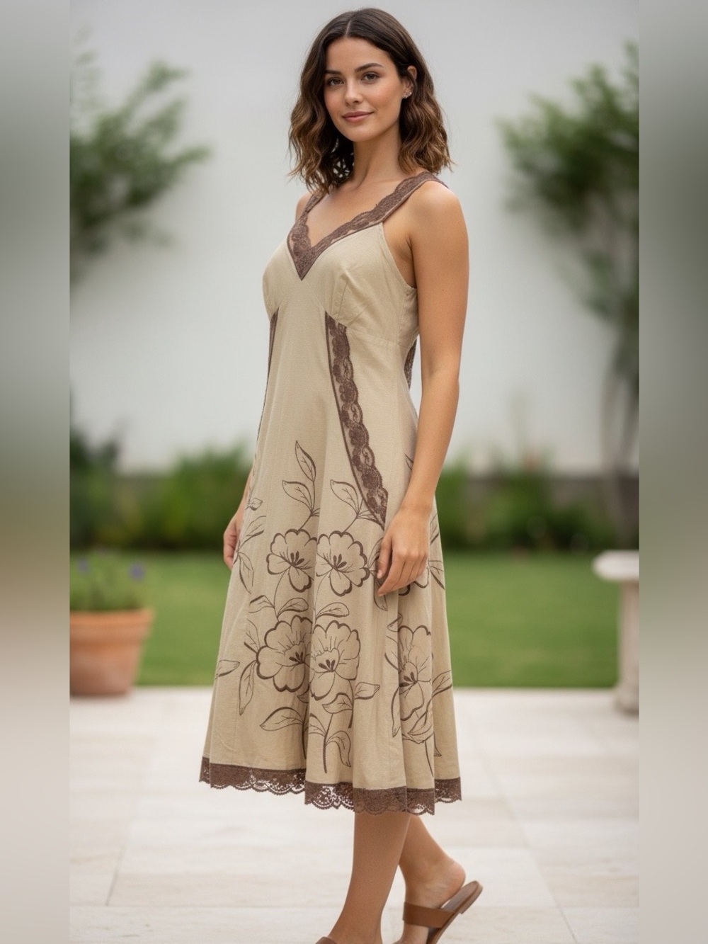 Vasna Desire Midi Dress Sleeveless Beige Embroidered Floral with Lace Trim
